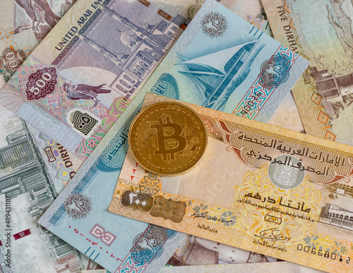 Photography Bitcoins buying selling concept in AED dirham