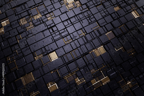 Futuristic Gold and Black squares extruded abstract background   3d rendering