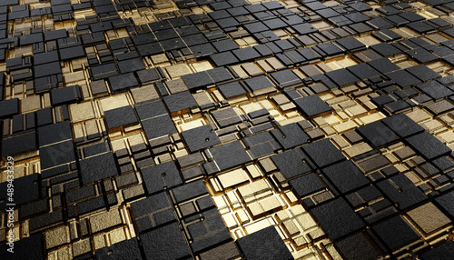 Futuristic Gold and Black squares extruded abstract background , 3d rendering