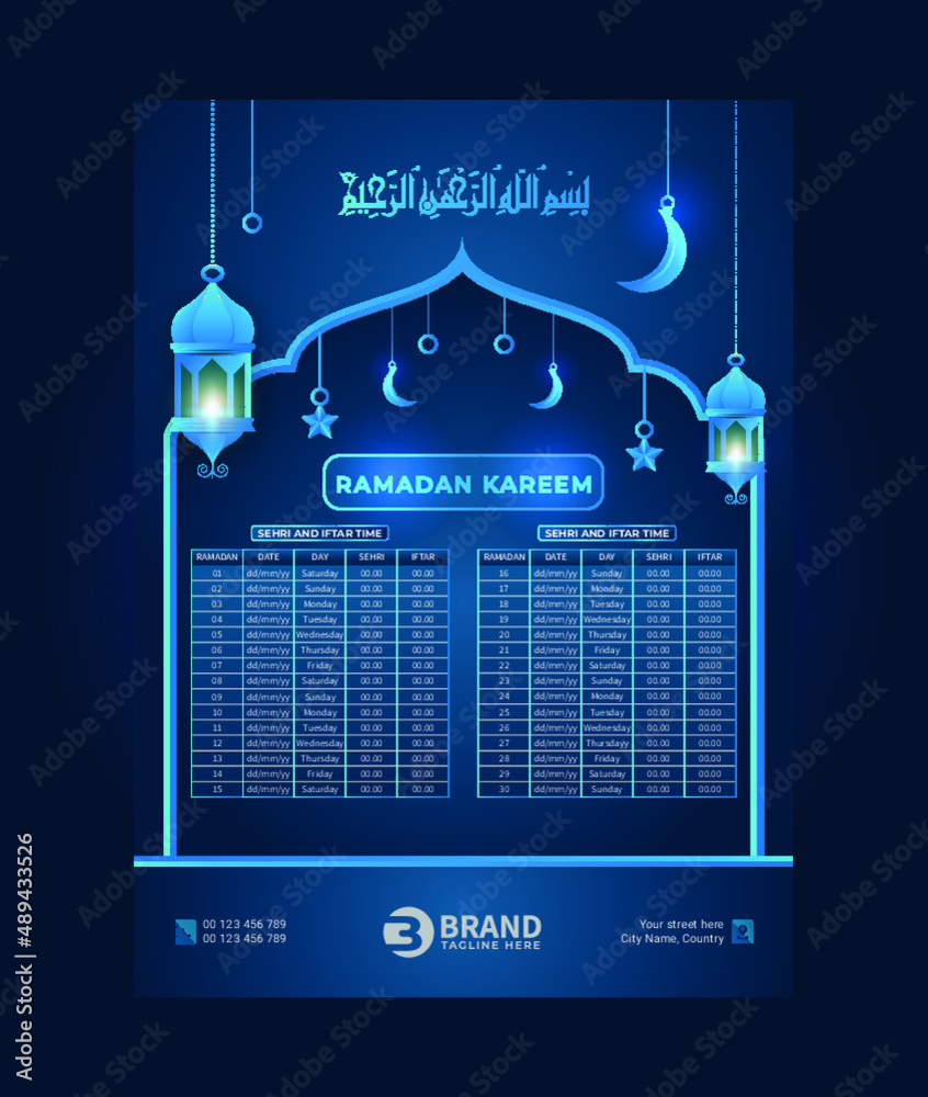 Ramadan calendar with sehri and iftar time schedule table Stock Vector