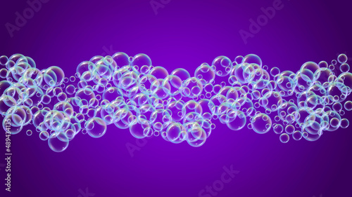 Soap cleaning foam background. Shampoo bubbles and suds. 3d vector illustration poster. Rainbow fizz and splash. Realistic water frame and border. Blue colorful liquid soap cleaning.
