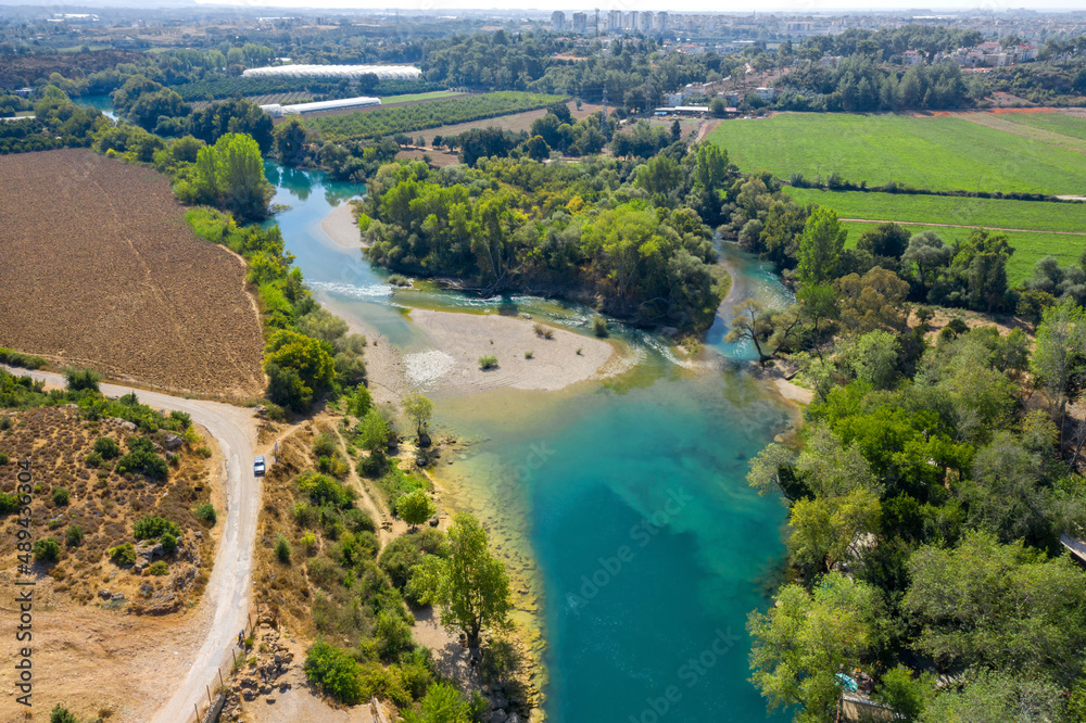 Manavgat river. Manavgat waterfall. Attractions around Side. Manavgat. Turkey. Antalya. View from above. aerial photography