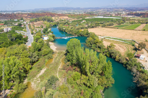 Manavgat river. Manavgat waterfall. Attractions around Side. Manavgat. Turkey. Antalya. View from above. aerial photography