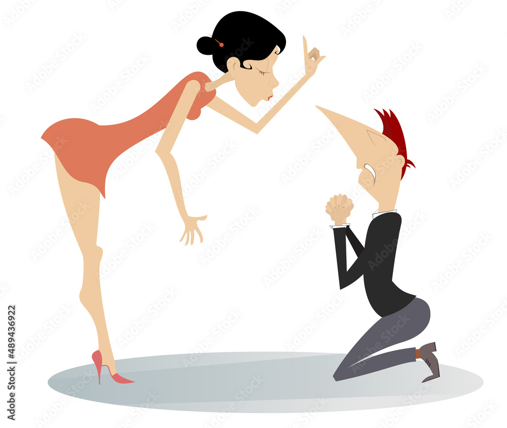 Quarrel between man and woman. Angry young woman scolds staying in the kneels man isolated on white illustration