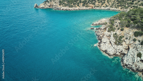Aerial view of calm sea and rocky sea coast. Ocean coastline aerial view © Philipp Berezhnoy