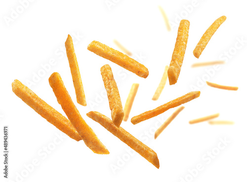 French fries levitate on a white background