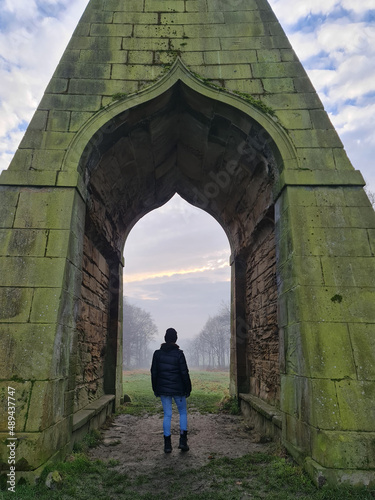 Visitor at the Needle's Eye Pyramid Monument Folly in Wentworth, South Yorkshire