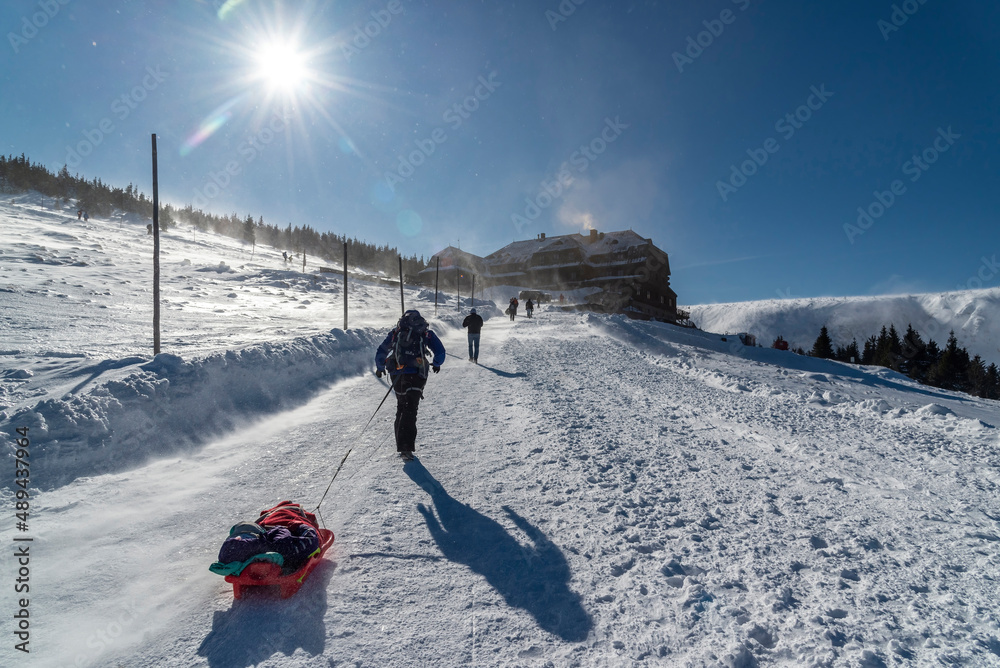 Beautiful winter panorama with people, Karkonosze mountains