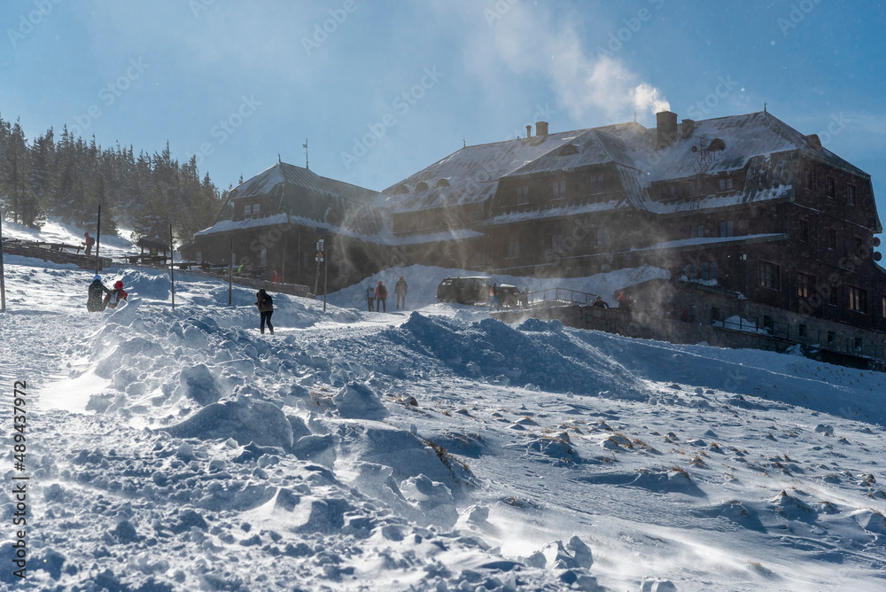 Beautiful winter panorama with people, Karkonosze mountains