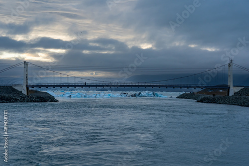 Beautiful aerial view of Diamond beach and Jokulsarlon Glacier Lagoon in Iceland in the Sumer sunset