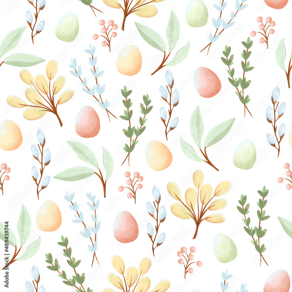 © StindyArt - Watercolor seamless pattern with eggs, spring leaves and branches in pastele colors