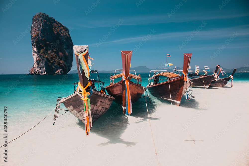 thailand ocean landscape. Exotic beach view and traditional ship - obrazy, fototapety, plakaty 