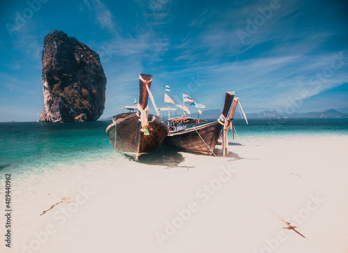 thailand ocean landscape. Exotic beach view and traditional ship