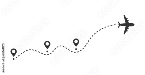 Plane dotted line path with location pins vector illustration
