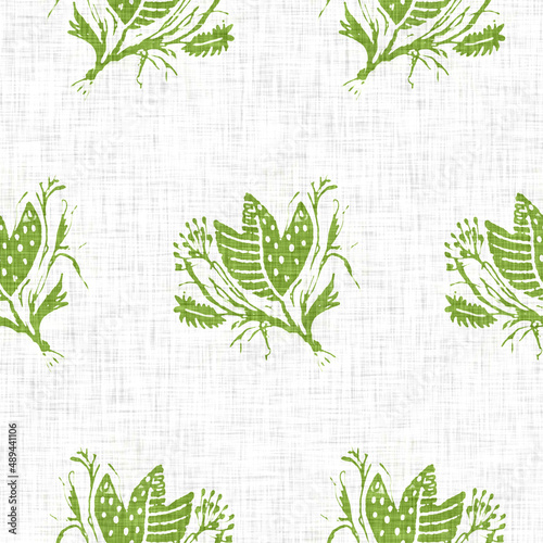 Hand drawn flower motif linen texture. Whimsical garden seamless pattern. Modern spring doodle floral nature textile for home decor. Botanical scandi style rustic green all over print.