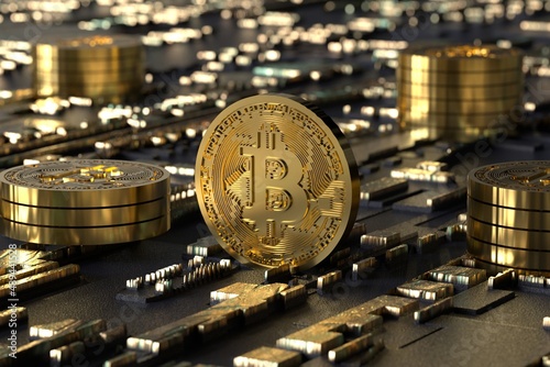 Moneda bitcoin en entorno tecnológico. El mundo de las criptomonedas. Invertir en criptomonedas. photo