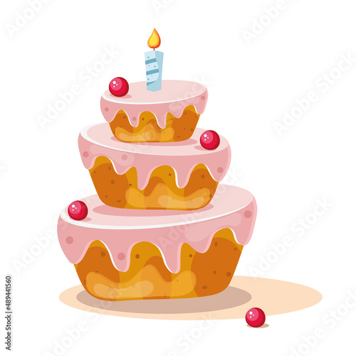 A three-tiered cake with one candle. Birthday background. Ripe cherries on a delicious cake.