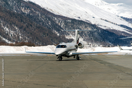 A private jet landing at the Engadine St Moritz airport