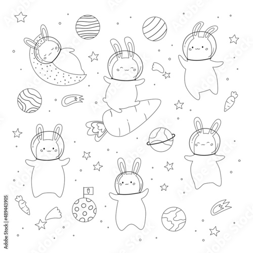 Coloring book for children with space bunny, planets, stars and comets. Cartoon doodle rabbits. Outline animals. Black and white vector illustration.