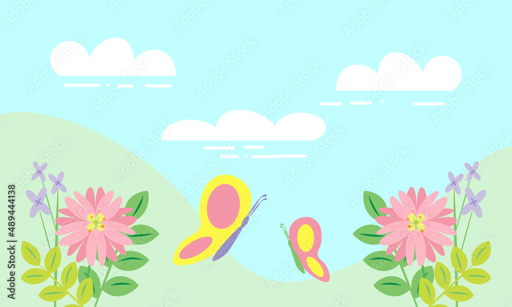 Vector spring landscape with flowers and butterflies