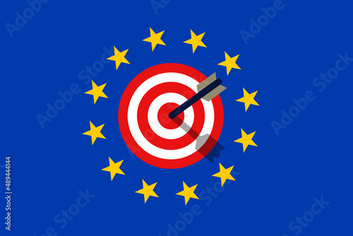 EU and European union being under attack, assault and aggressive aggression. Flag with target. Vector illustration