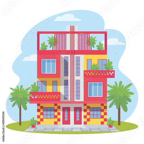 Urban or suburban two storey duplex house with balconies and roof deck. Modern double appartment residence. Summer beach house. Vector illustrartion, icon, simbol, object, background