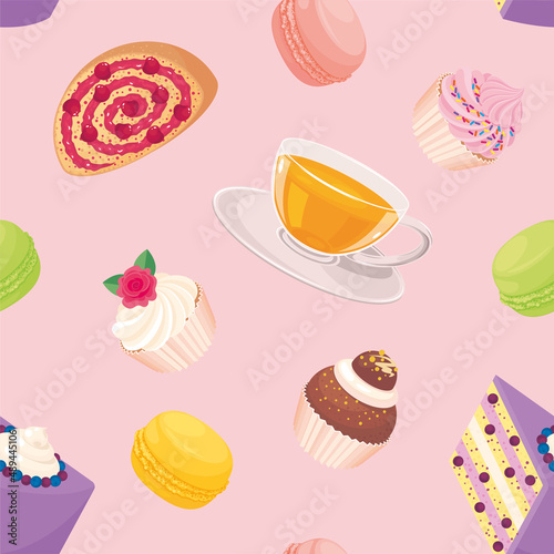 Tea sweets background with teacup, cake, cupcakes, macaroons, bisquit rool. Teatime bakery seamless pattern. Wallpaper, texture for textile, fabric, packaging, scrapbook