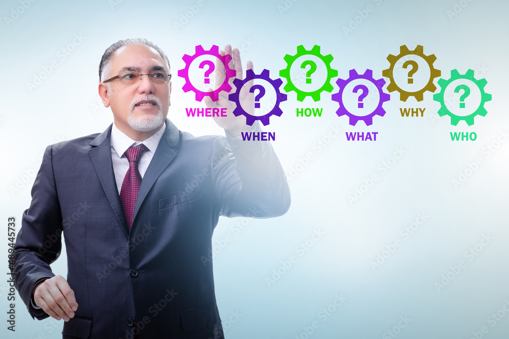 Concept of many different questions asked with businessman Concept of many different questions asked with businessman