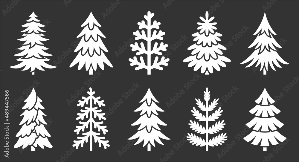 Christmas tree stamp silhouette white glyph set. Holiday sticker different shape forest natural evergreen object. Monochrome element for holiday card decor new year simple print simple isolated black