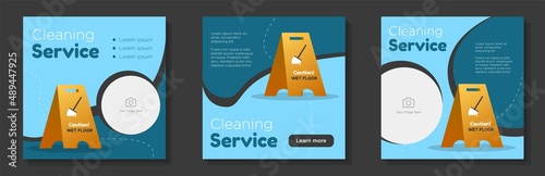 Cleaning service social media post, banner set, mop washing advertisement concept, wet floor caution marketing square ad, abstract print, isolated on background
