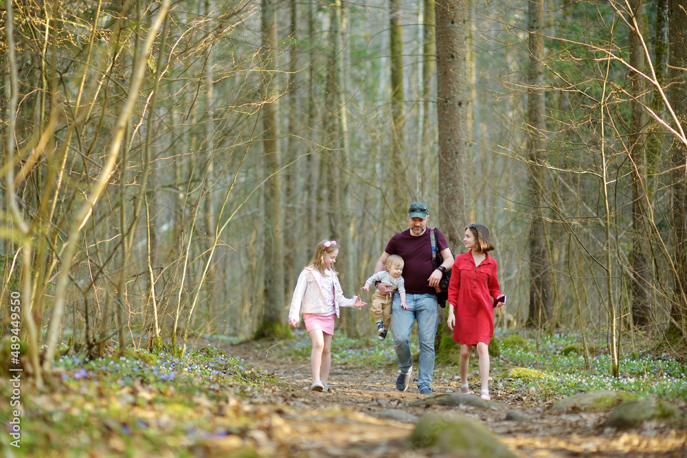 Young father and his three kids hiking in the woods. Family of four having fun on a walking trail on sunny spring day. Young father and his three kids hiking in the woods. Family of four having fun on a walking trail on sunny spring day.