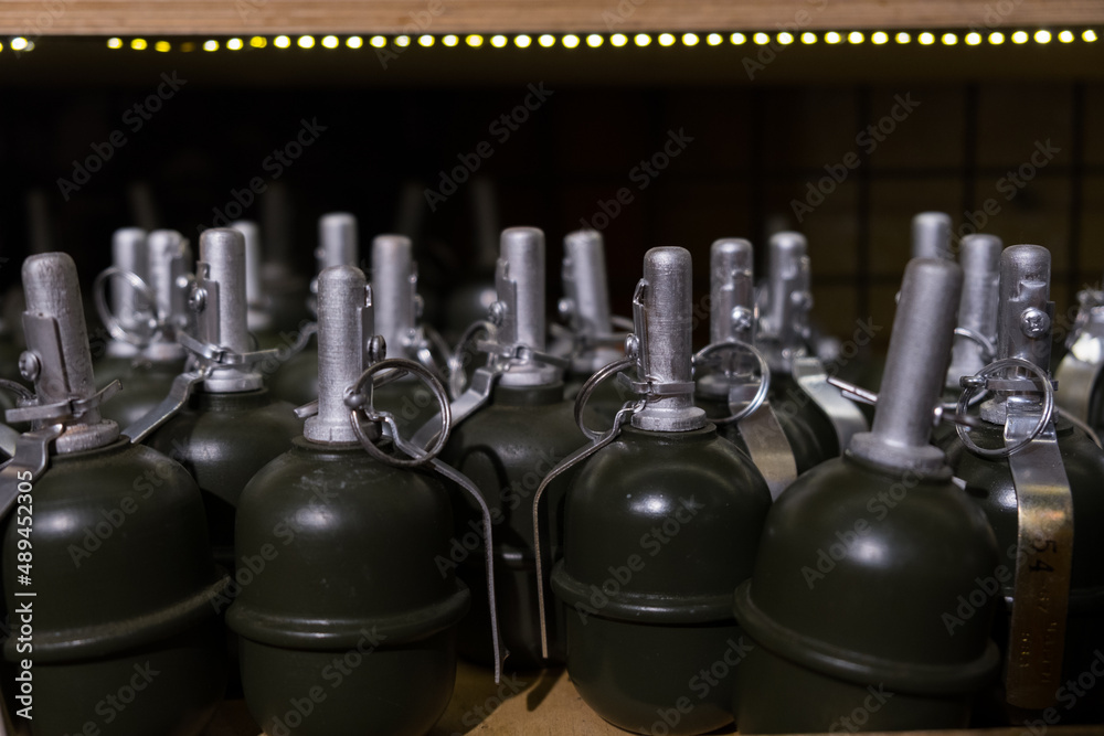 Naklejka premium Hand grenades at a military warehouse in Ukraine