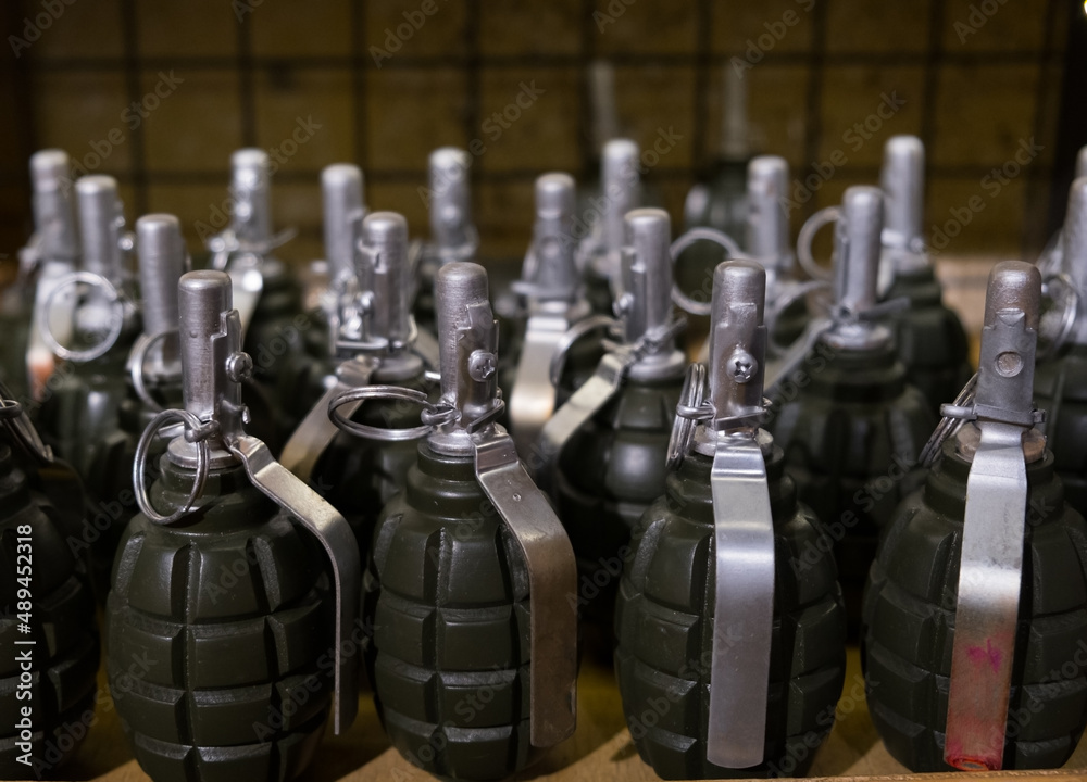 Naklejka premium Hand grenades at a military warehouse in Ukraine