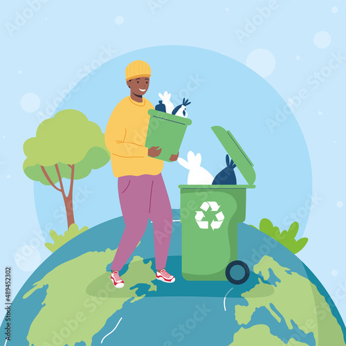 man collecting plastic trash