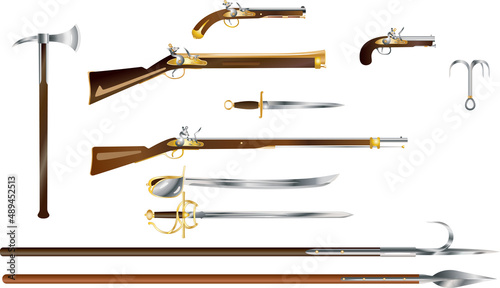 Set of pirates boarding weapon, colored vector illustration