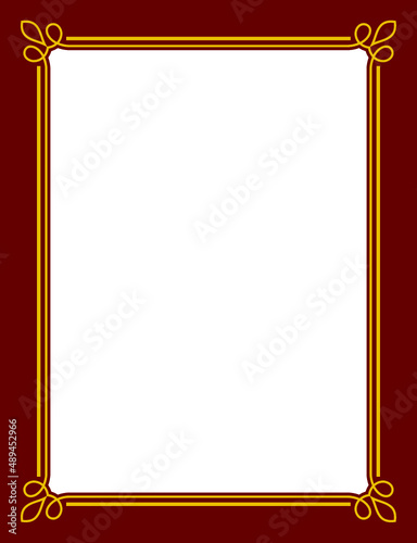 Vector golden red border frame. Background or book page. Simple rectangular billboard, display window, poster, card, plaque, signboard, sticker, or label