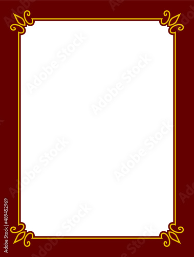 Vector golden red border frame. Background or book page. Simple rectangular billboard, display window, poster, card, plaque, signboard, sticker, or label