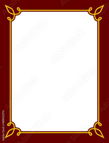 Vector golden red border frame. Background or book page. Simple rectangular billboard, display window, poster, card, plaque, signboard, sticker, or label