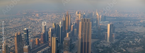 Photography Panorama of buildings and fountains in the city of Dubai from the Burj Khalifa, the tallest building in the world in the United Arab Emirates