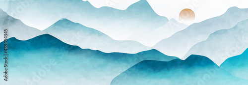 Minimalistic landscape art background with mountains in the fog in blue tones. Vector art design for decoration, wallpaper, print