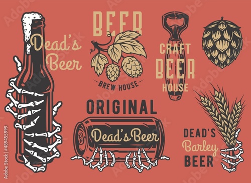 Craft beer brewery, hop seed, brewing bottle corks for barley emblems set with skeleton