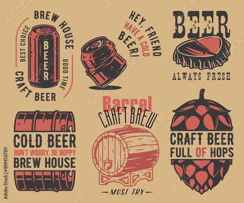Craft beer brewery, hop seed, brewing bottle corks for beer emblems set