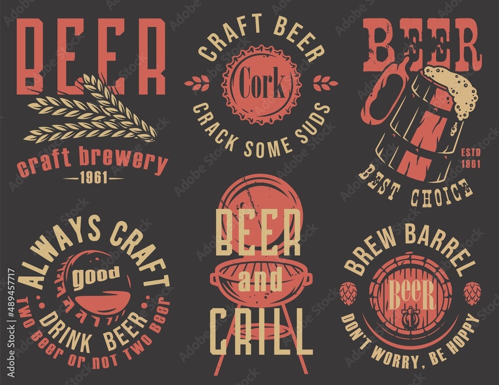 Beer bottle corks, barley and mug of craft beer, grill emblems set