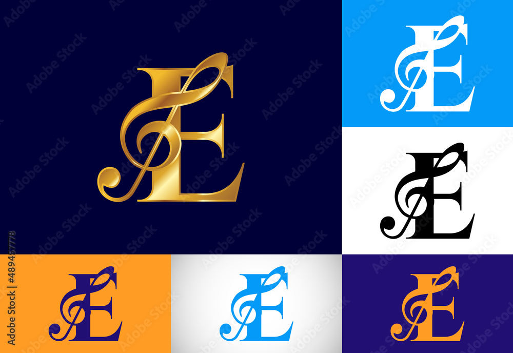 Initial E monogram alphabet with a musical note. Symphony or melody signs. Musical sign symbol.
