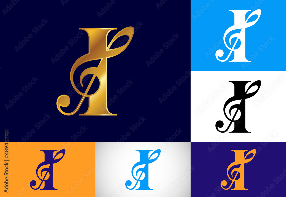 Naklejka premium Initial I monogram alphabet with a musical note. Symphony or melody signs. Musical sign symbol.