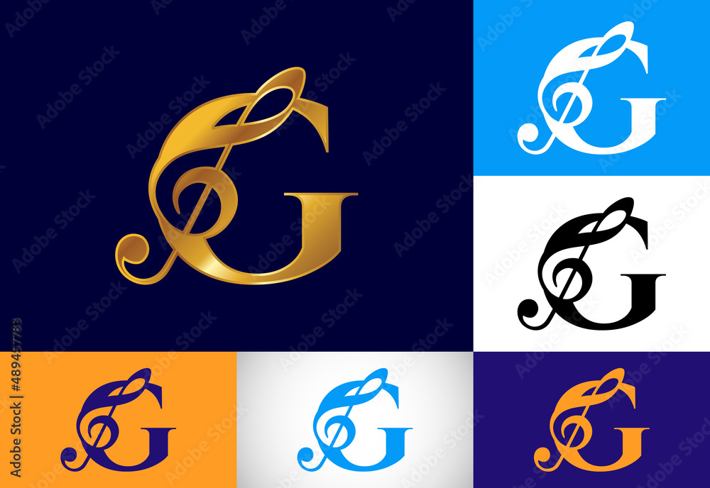 Initial G monogram alphabet with a musical note. Symphony or melody signs. Musical sign symbol.