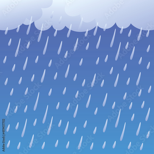 Clouds and falling rain drops in a dark sky vector background, rainy weather forecast illustration.