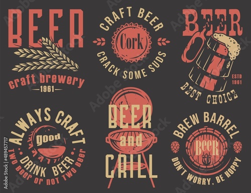 Beer bottle corks, barley and mug of craft beer, grill emblems set