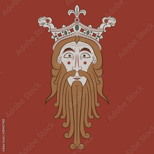 Head of Norse god Woden or Odin. Portrait of a bearded man in royal crown. Male head. Face of medieval king. On red background.