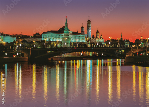 Russia, Moscow, night view of the Kremlin and the Moskva River.